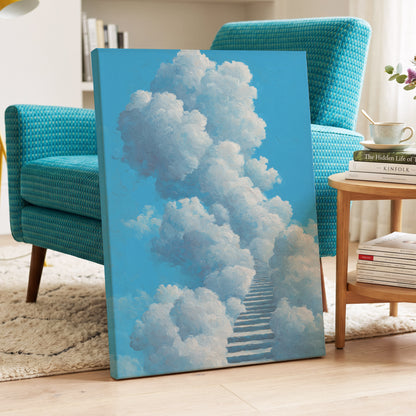 Cloudway Ascending, blue, white, gray nature wall art displayed in a styled interior, gallery view 3