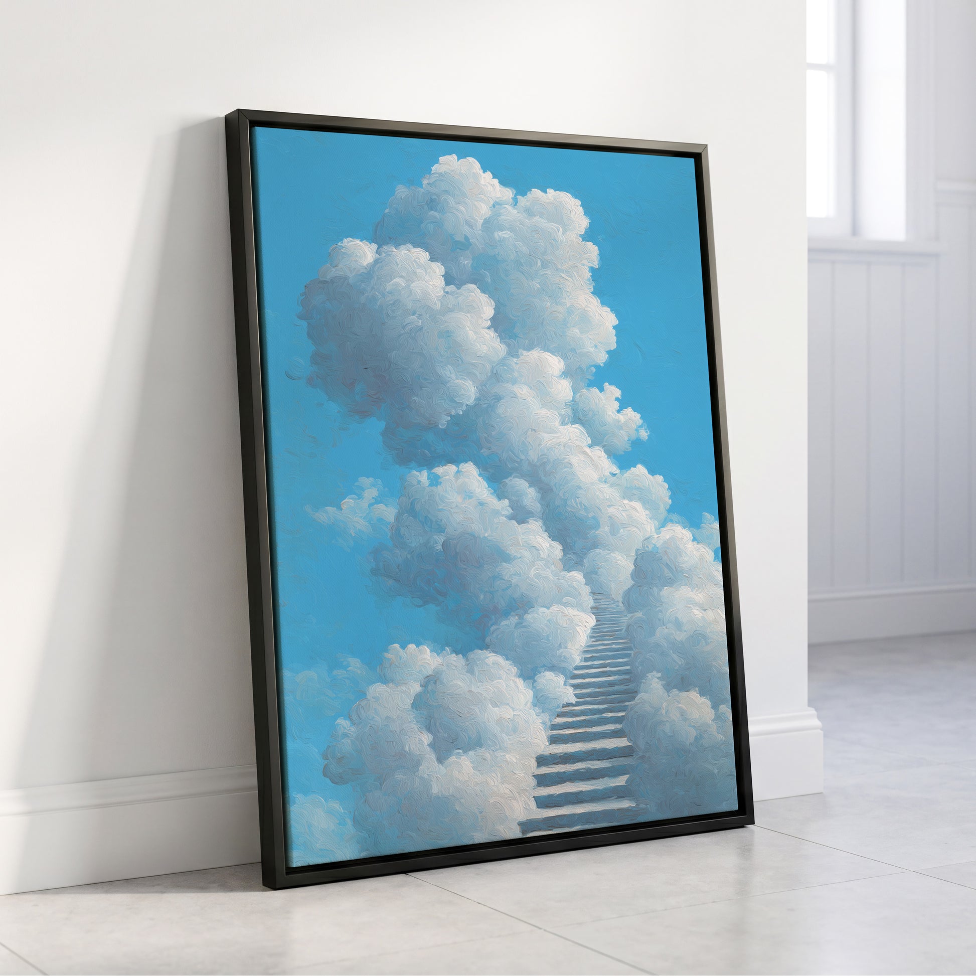 Cloudway Ascending, blue, white, gray nature wall art displayed in a styled interior, gallery view 4