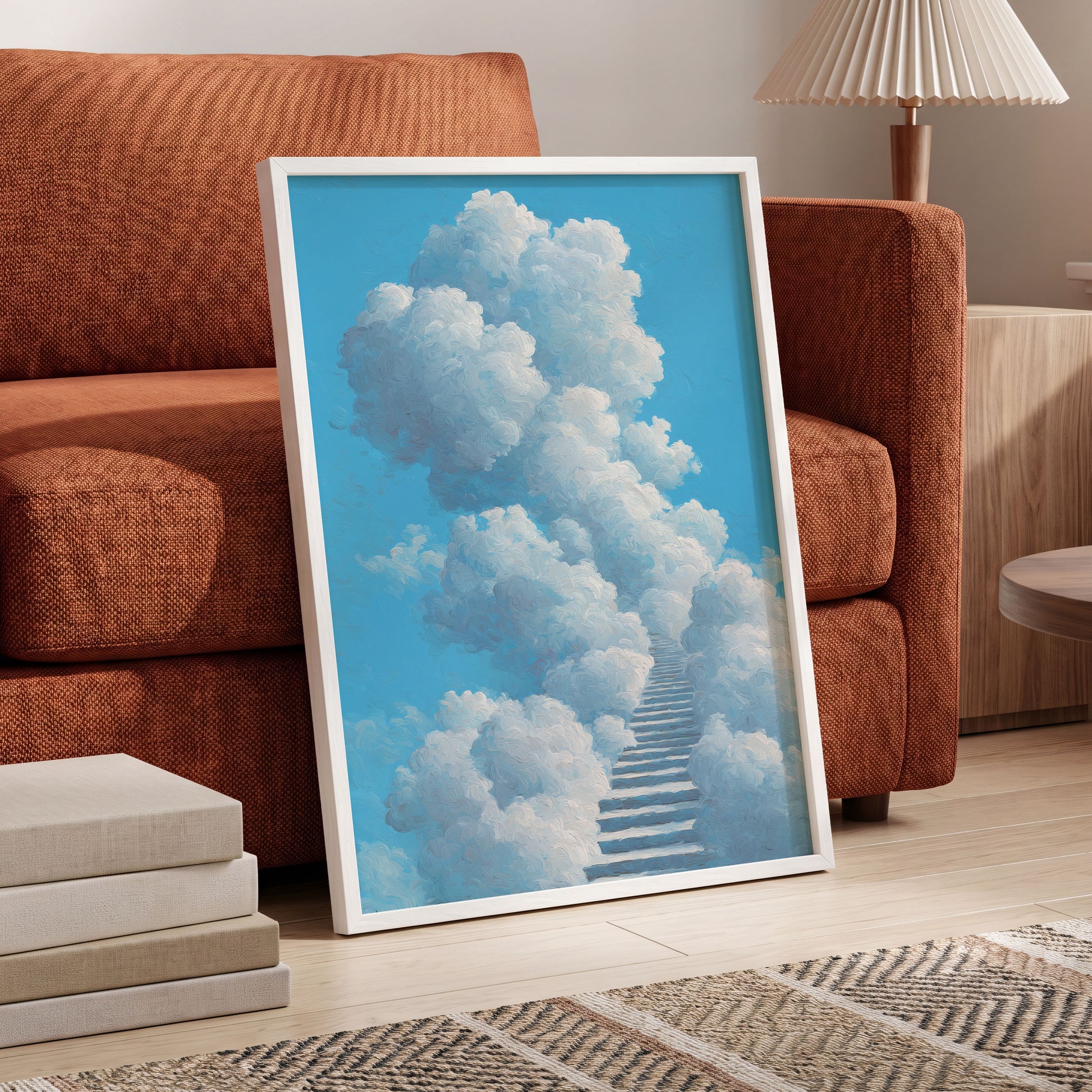 Cloudway Ascending, blue, white, gray nature wall art displayed in a styled interior, gallery view 6