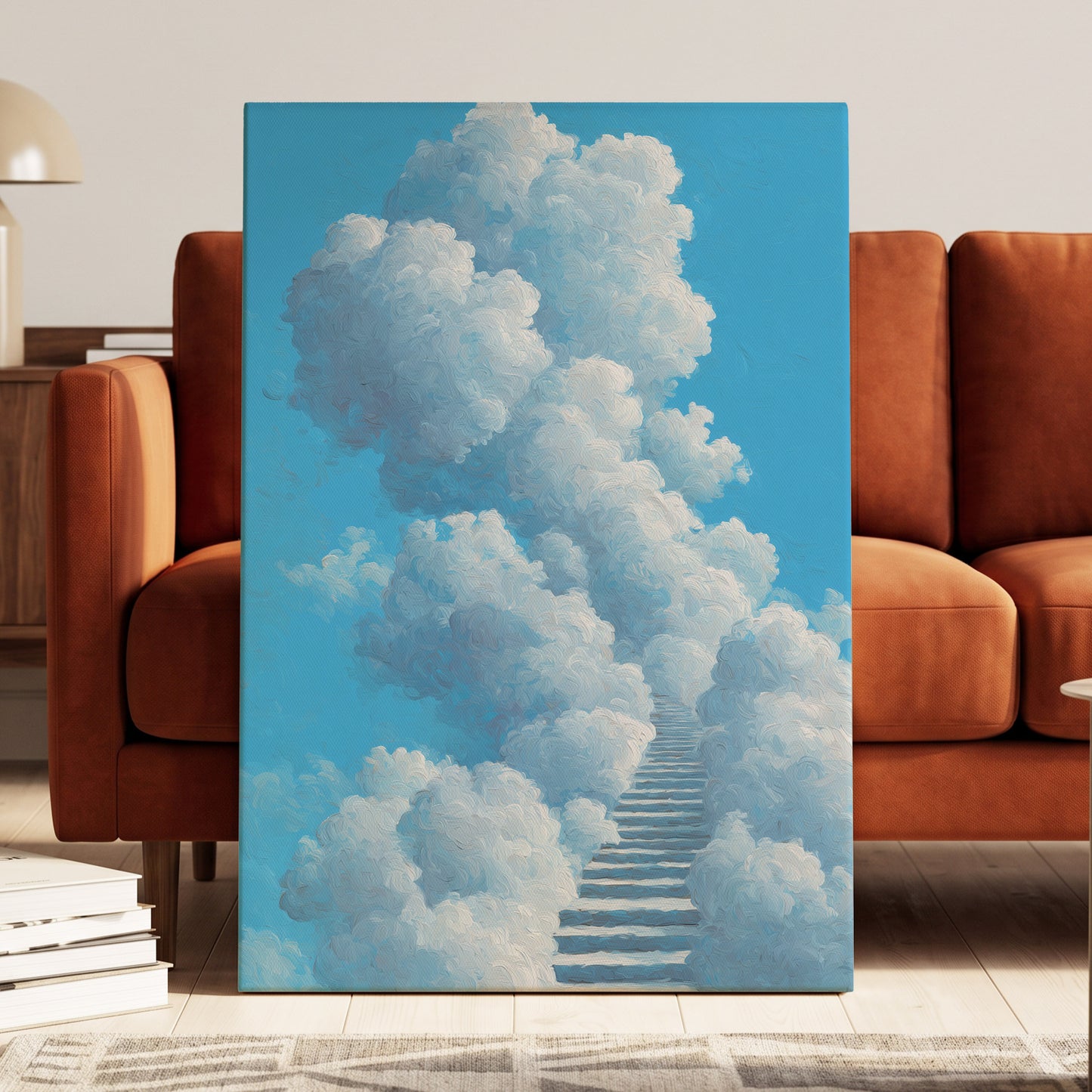Cloudway Ascending, blue, white, gray nature wall art displayed in a styled interior, gallery view 7