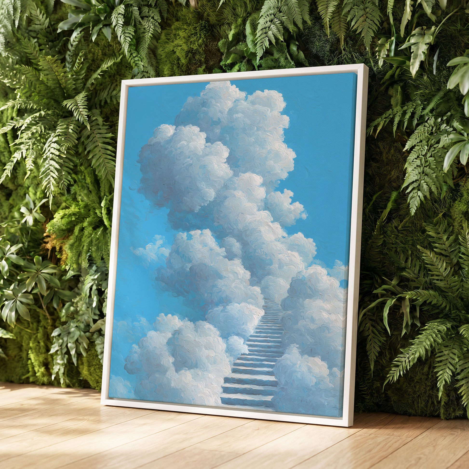 Cloudway Ascending, blue, white, gray nature wall art displayed in a styled interior, gallery view 8