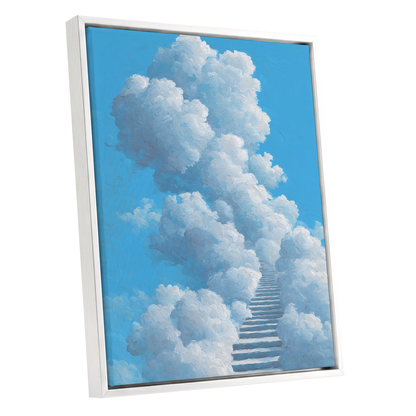 Cloudway Ascending, blue, white, gray nature wall art shown as a white framed canvas wall art