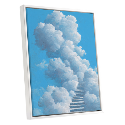Cloudway Ascending, blue, white, gray nature wall art shown as a white framed canvas wall art