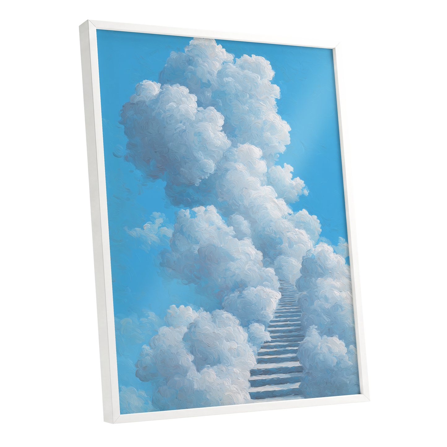 Cloudway Ascending, blue, white, gray nature wall art shown as a white framed poster wall art print