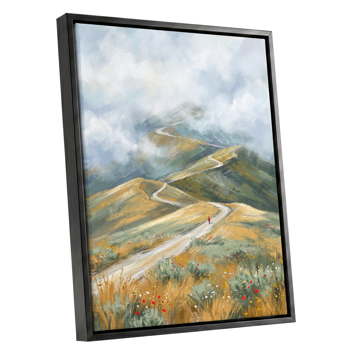 Cloudway Wanderer, blue, green, beige nature wall art shown as a black framed canvas wall art