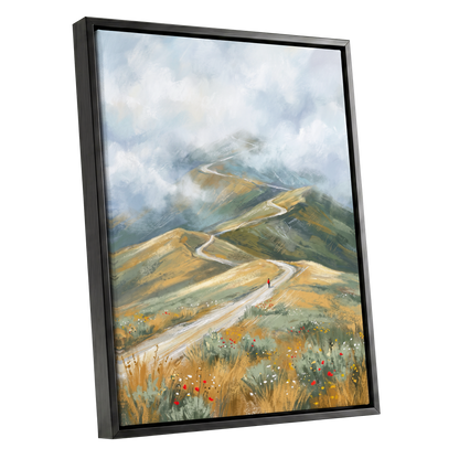 Cloudway Wanderer, blue, green, beige nature wall art shown as a black framed canvas wall art