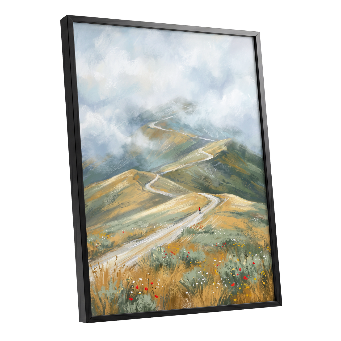 Cloudway Wanderer, blue, green, beige nature wall art shown as a black framed poster wall art print