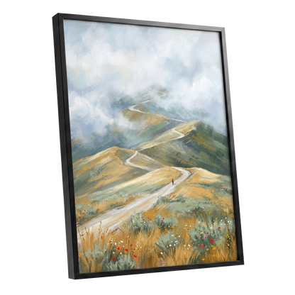 Cloudway Wanderer, blue, green, beige nature wall art shown as a black framed poster wall art print