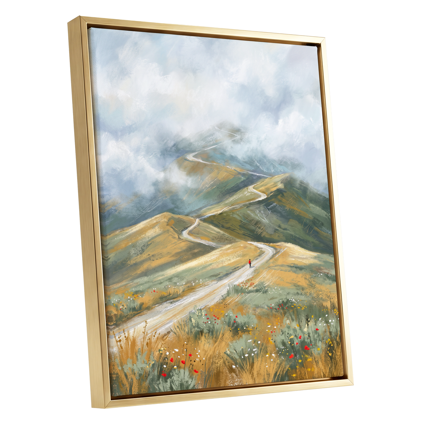 Cloudway Wanderer, blue, green, beige nature wall art shown as a gold framed canvas wall art