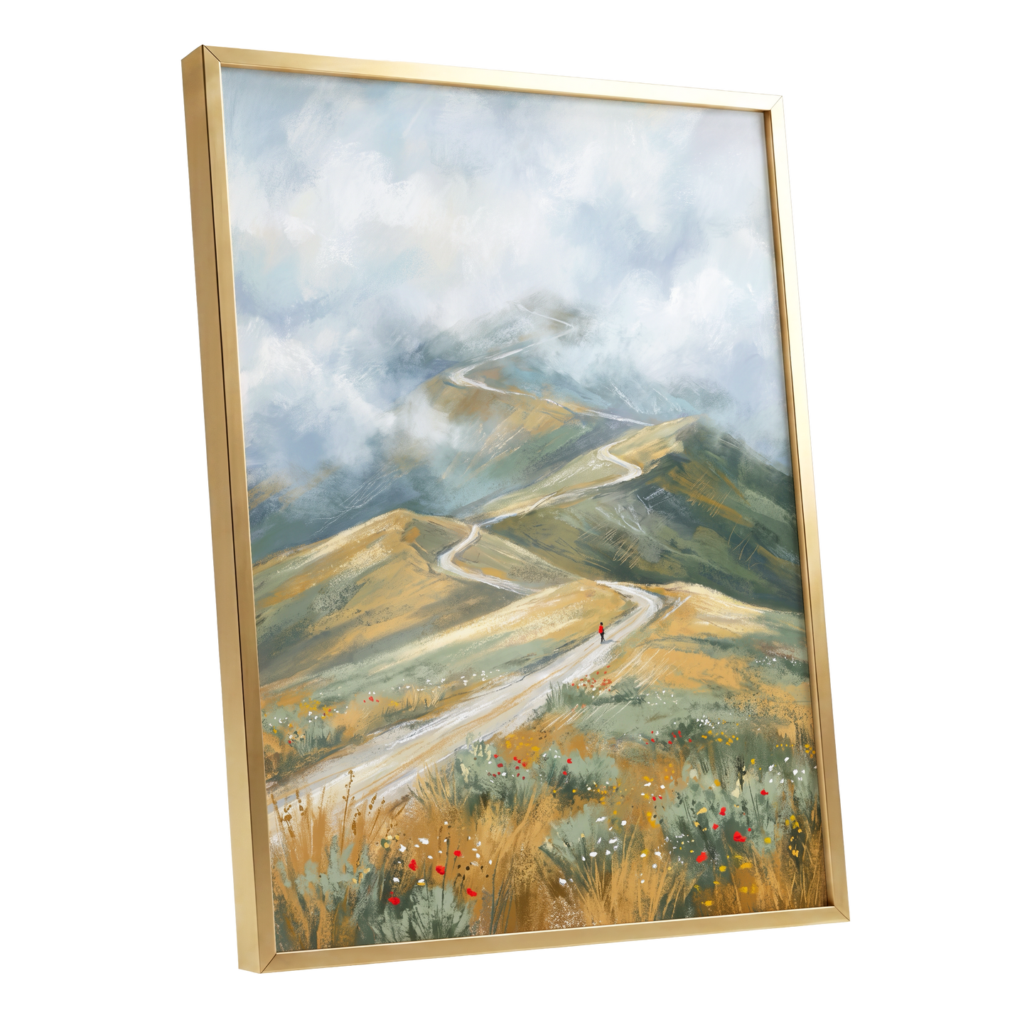 Cloudway Wanderer, blue, green, beige nature wall art shown as a gold framed poster wall art print
