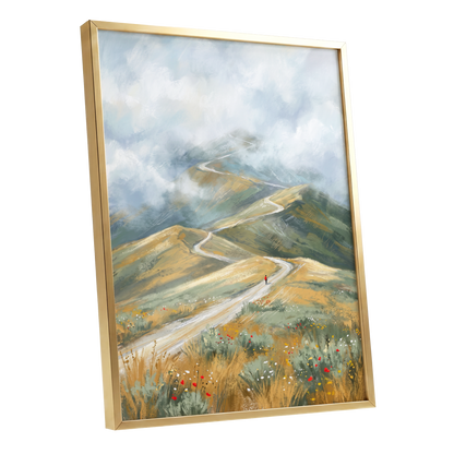 Cloudway Wanderer, blue, green, beige nature wall art shown as a gold framed poster wall art print