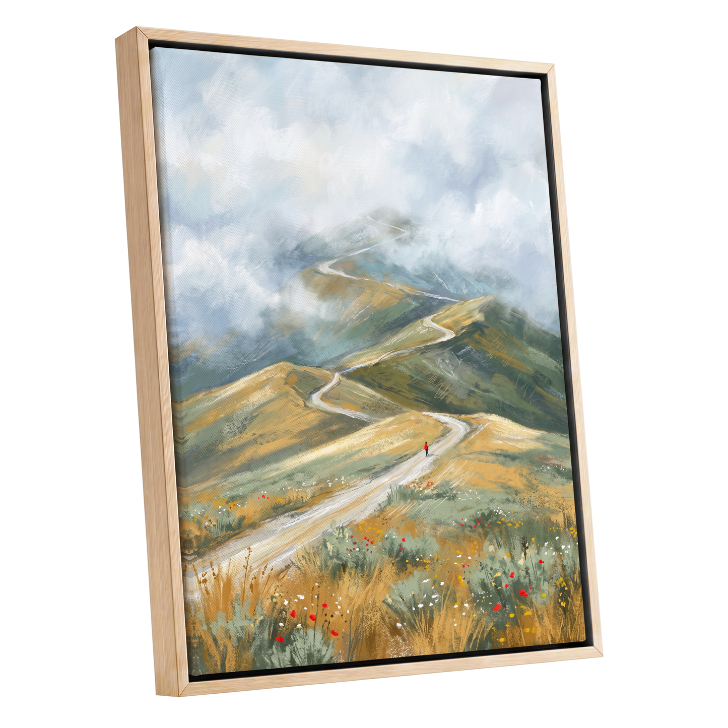 Cloudway Wanderer, blue, green, beige nature wall art shown as a oak framed canvas wall art