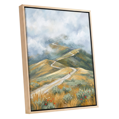 Cloudway Wanderer, blue, green, beige nature wall art shown as a oak framed canvas wall art