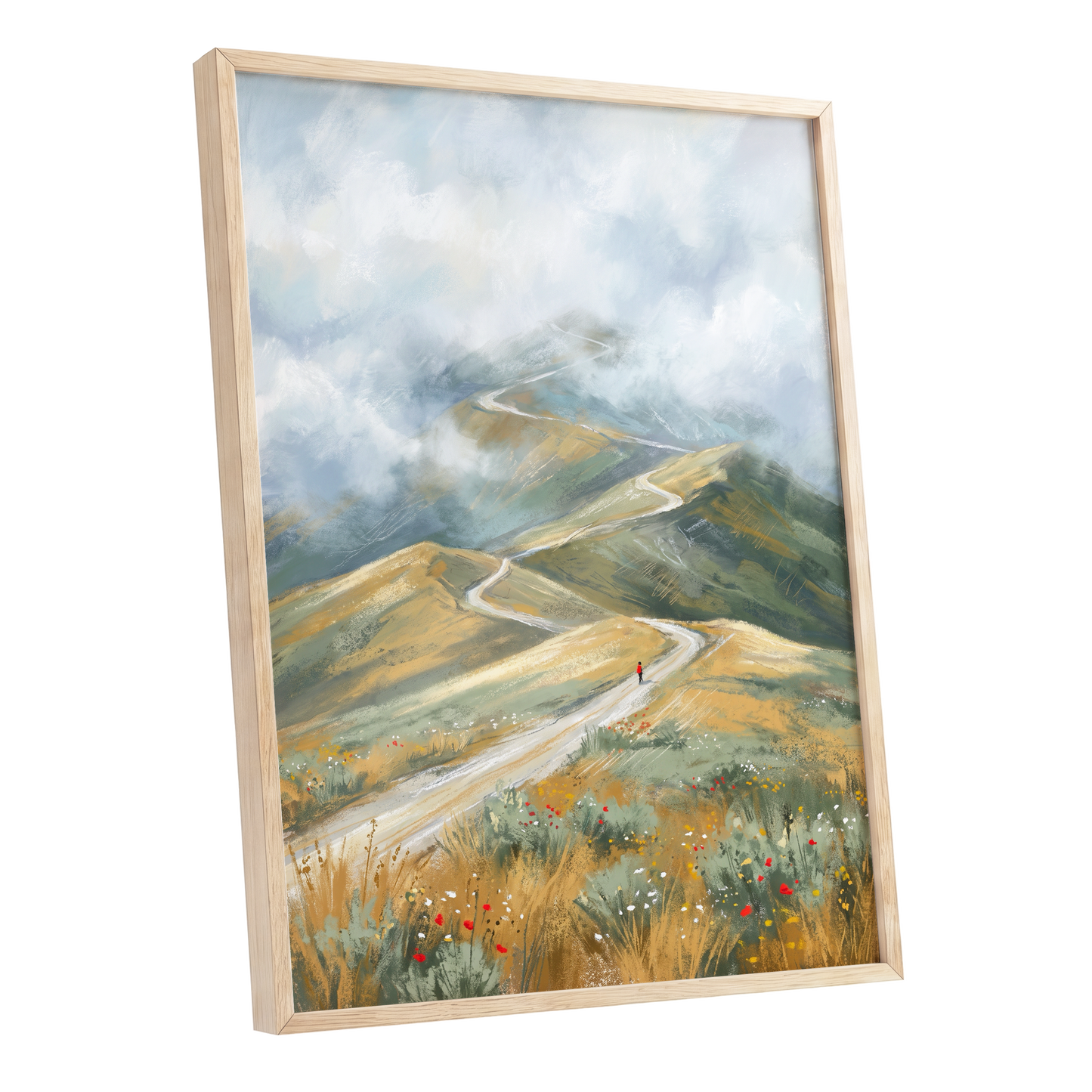 Cloudway Wanderer, blue, green, beige nature wall art shown as a oak framed poster wall art print