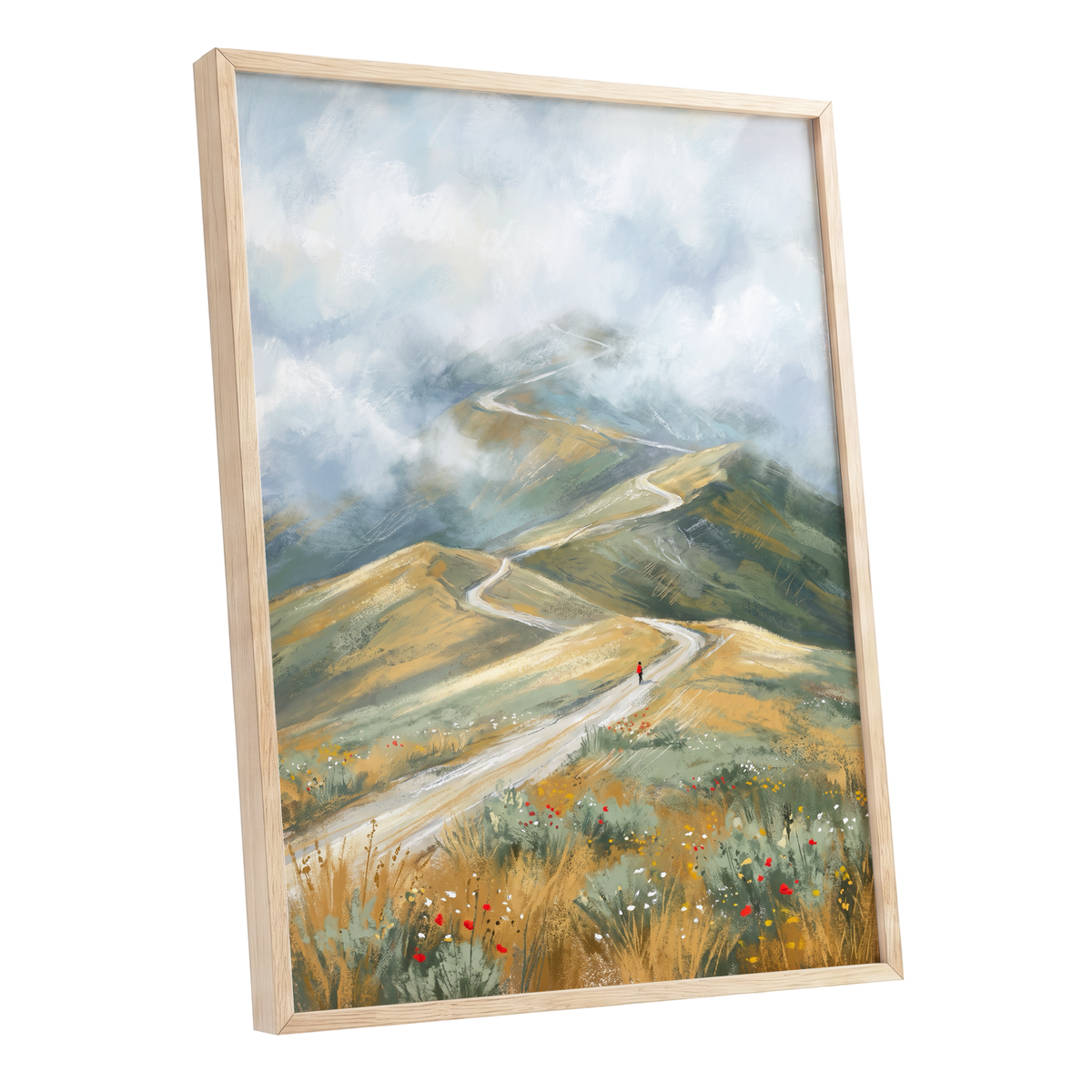 Cloudway Wanderer, blue, green, beige nature wall art shown as a oak framed poster wall art print