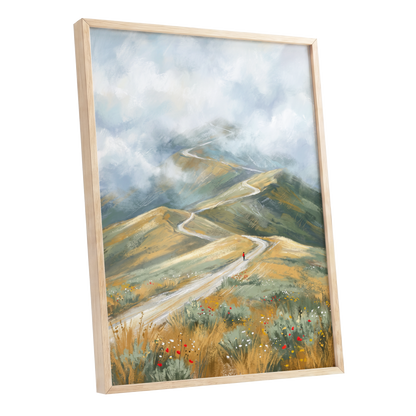 Cloudway Wanderer, blue, green, beige nature wall art shown as a oak framed poster wall art print