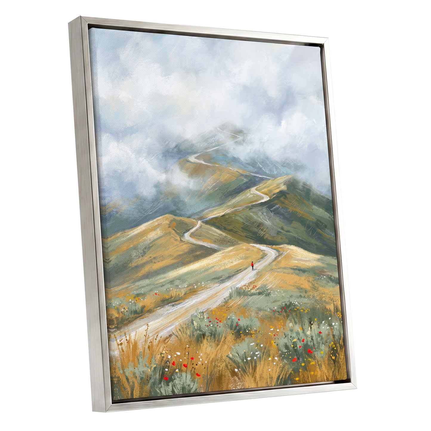 Cloudway Wanderer, blue, green, beige nature wall art shown as a silver framed canvas wall art