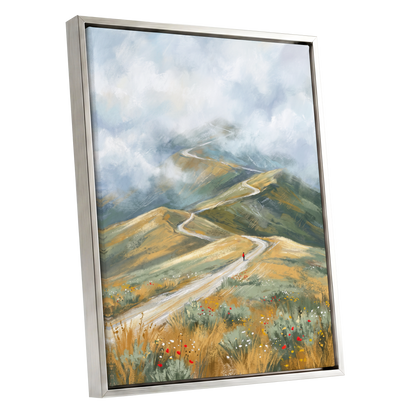 Cloudway Wanderer, blue, green, beige nature wall art shown as a silver framed canvas wall art