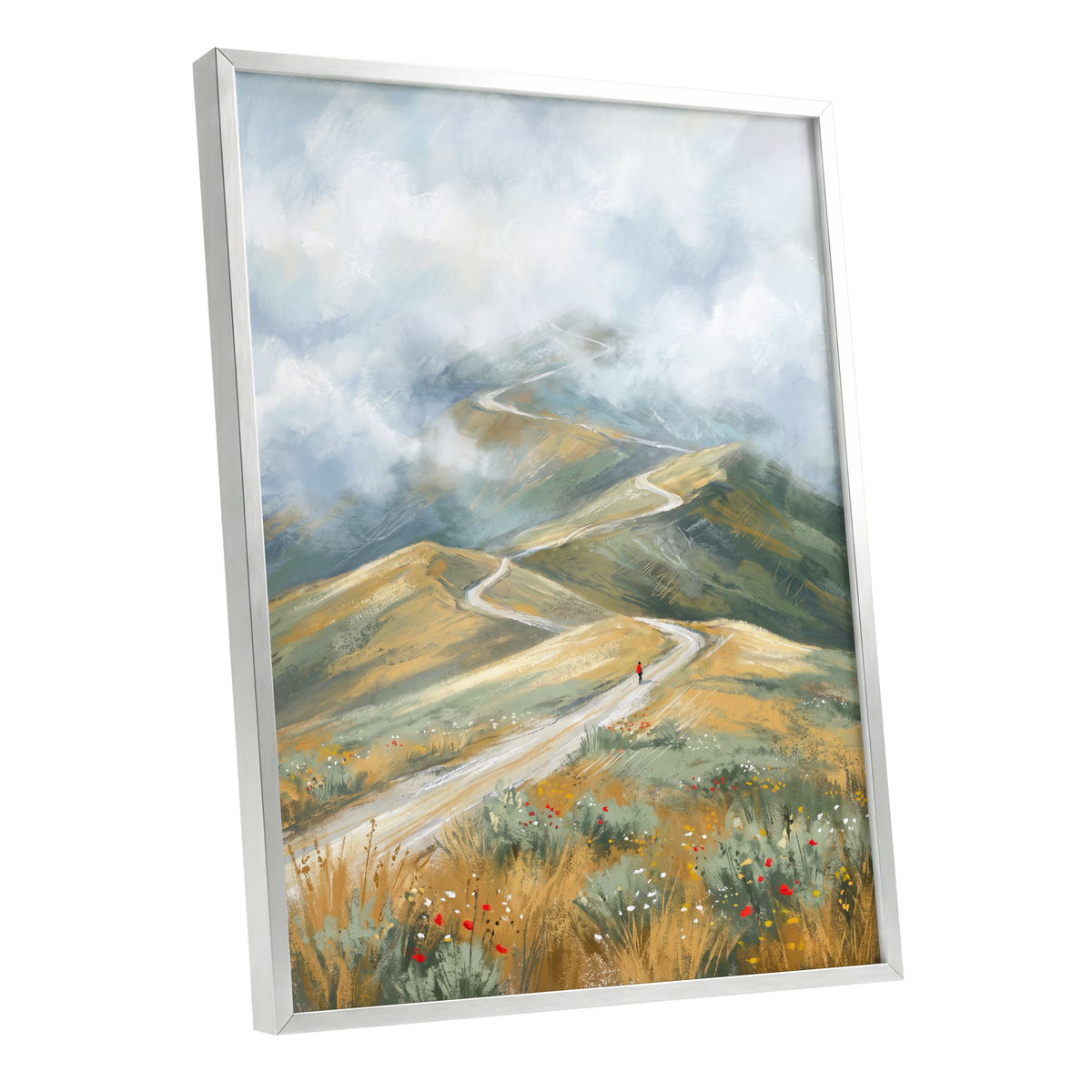 Cloudway Wanderer, blue, green, beige nature wall art shown as a silver framed poster wall art print