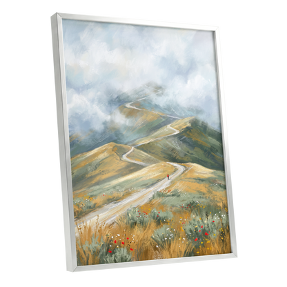 Cloudway Wanderer, blue, green, beige nature wall art shown as a silver framed poster wall art print