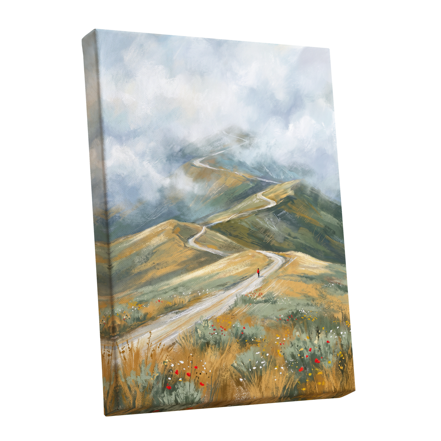 Cloudway Wanderer, blue, green, beige nature wall art shown as a stretched canvas wall art