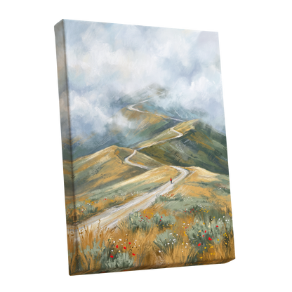 Cloudway Wanderer, blue, green, beige nature wall art shown as a stretched canvas wall art
