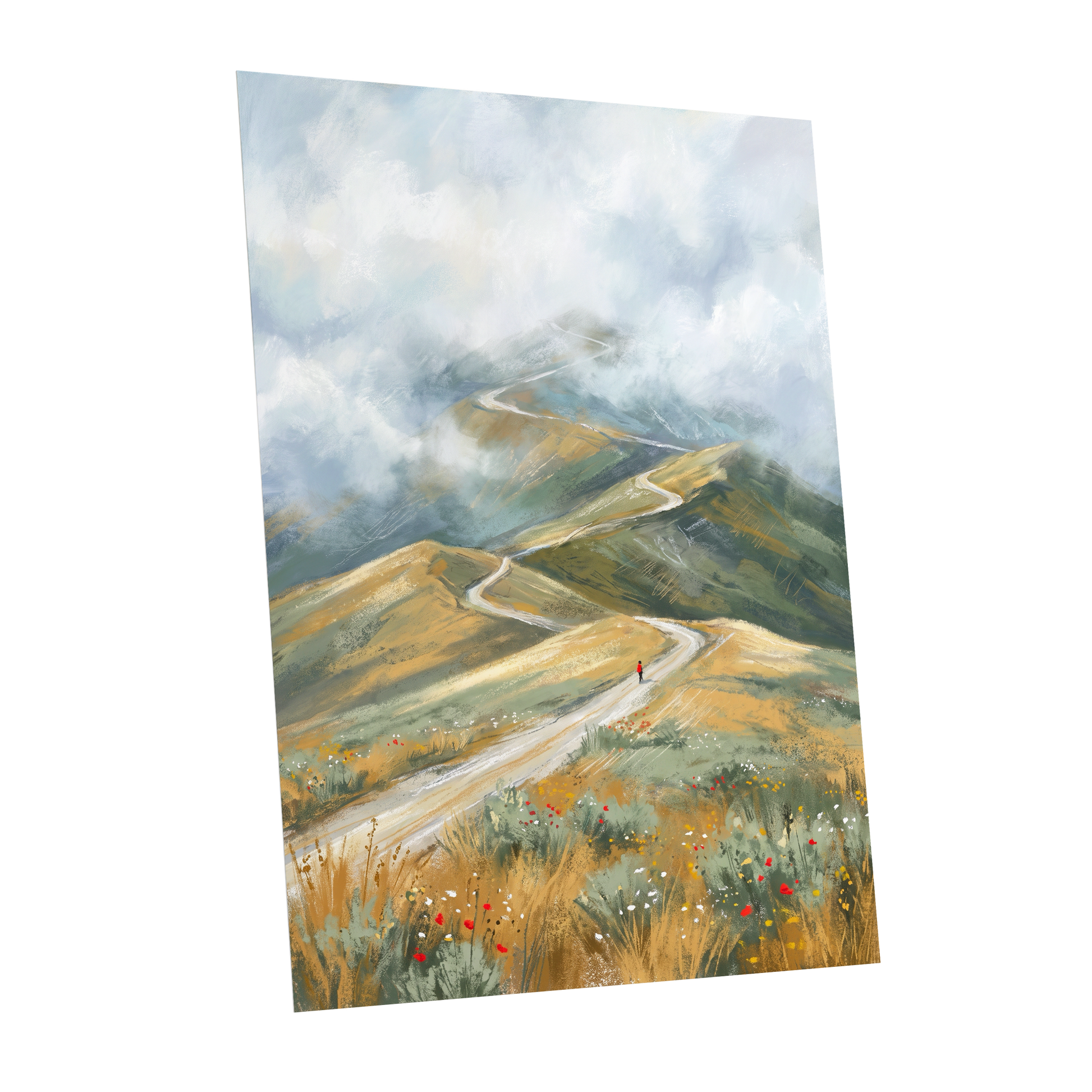 Cloudway Wanderer, blue, green, beige nature wall art shown as a unframed poster wall art print