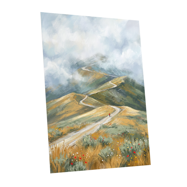 Cloudway Wanderer, blue, green, beige nature wall art shown as a unframed poster wall art print