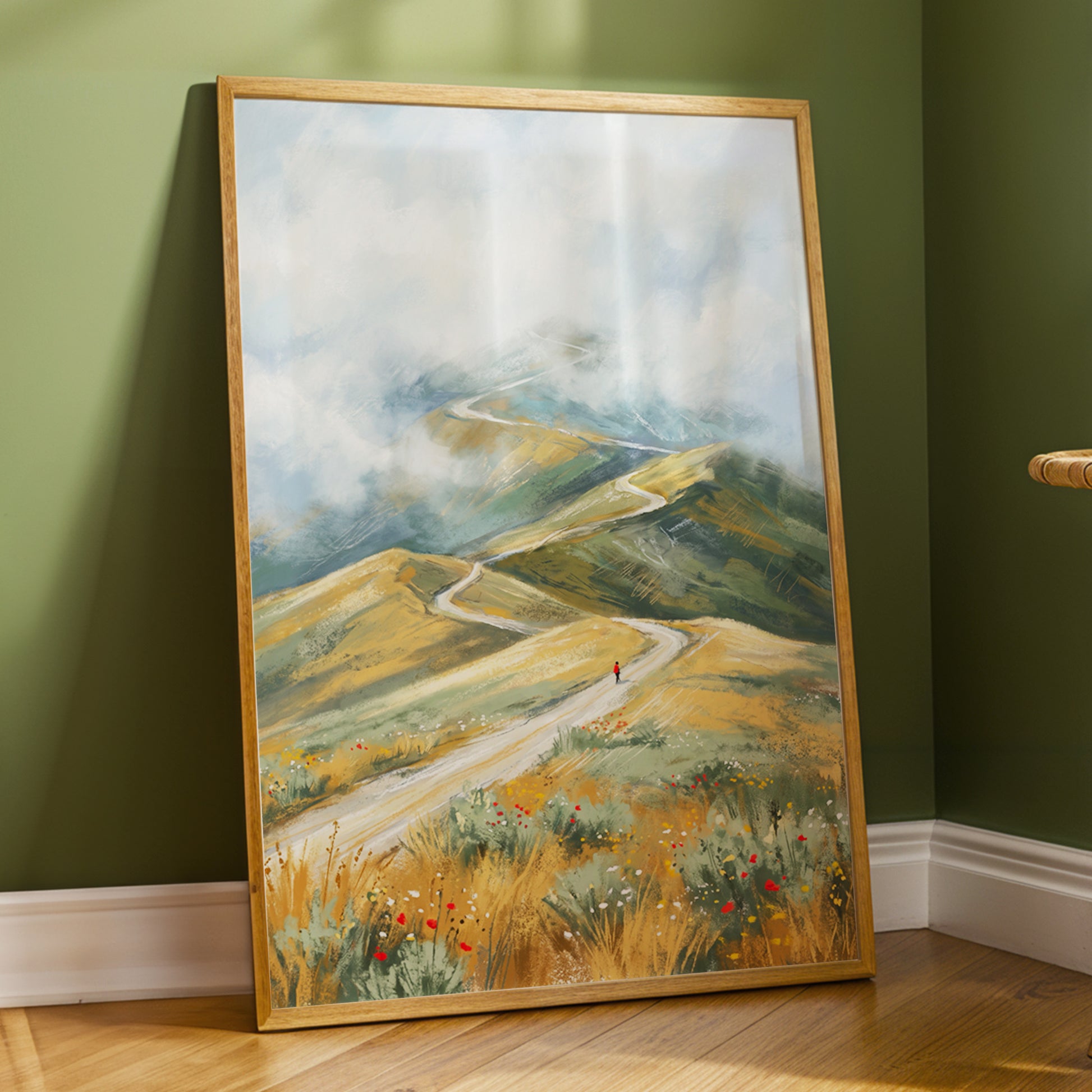 Cloudway Wanderer, blue, green, beige nature wall art displayed in a styled interior, gallery view 2