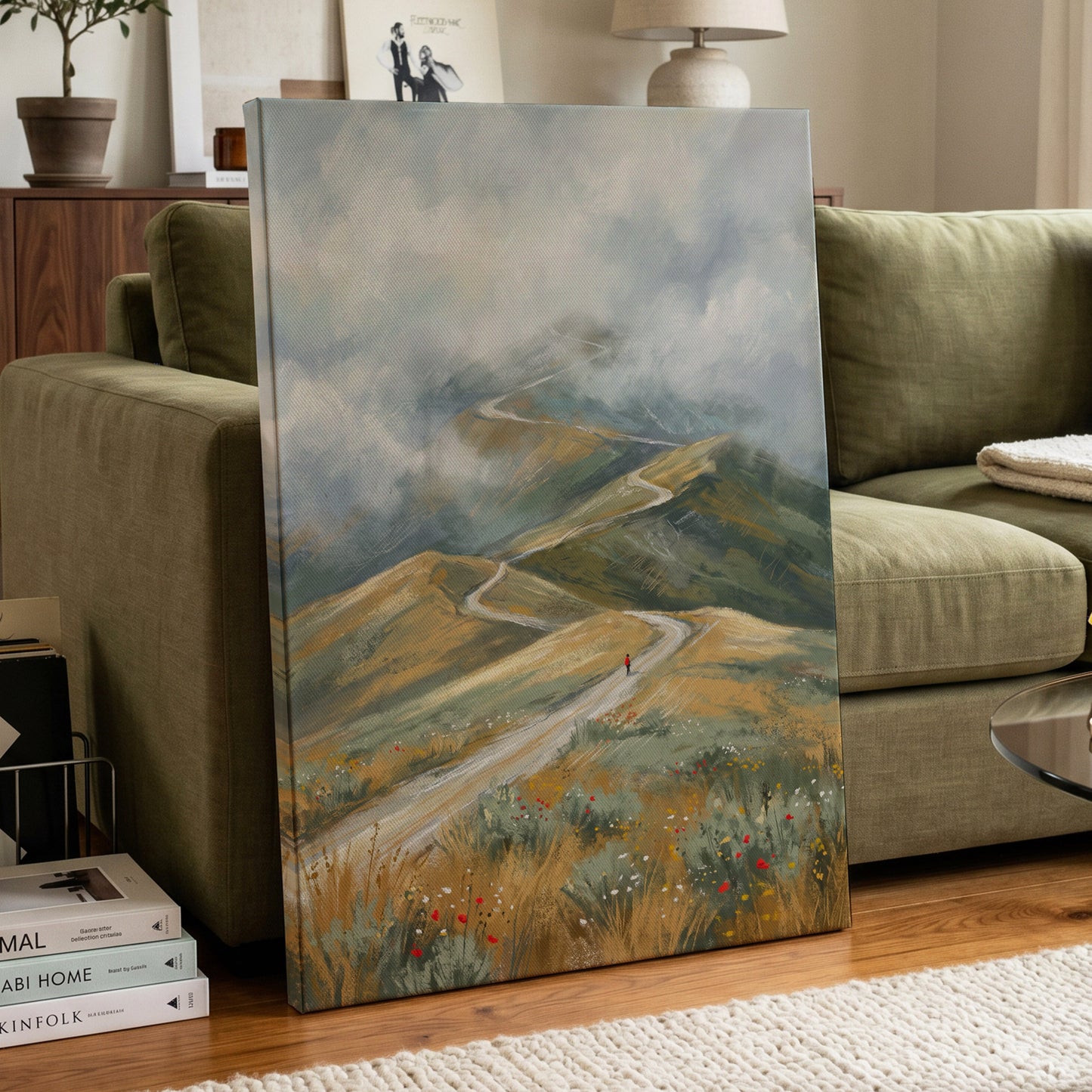 Cloudway Wanderer, blue, green, beige nature wall art displayed in a styled interior, gallery view 3