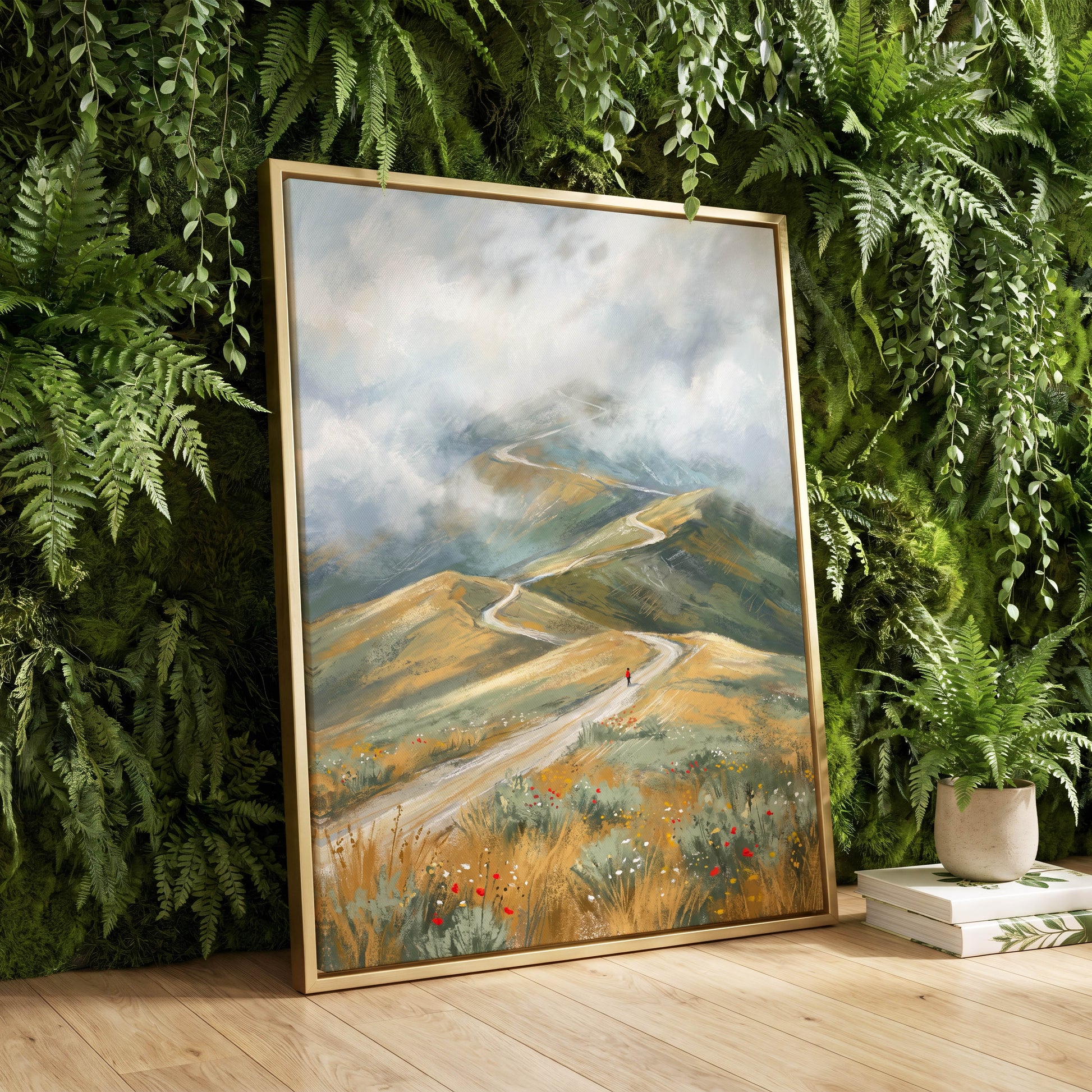 Cloudway Wanderer, blue, green, beige nature wall art displayed in a styled interior, gallery view 4