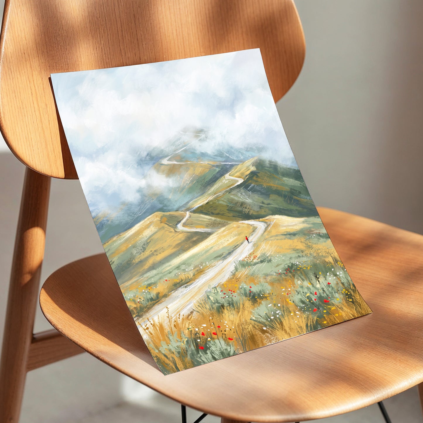 Cloudway Wanderer, blue, green, beige nature wall art displayed in a styled interior, gallery view 5