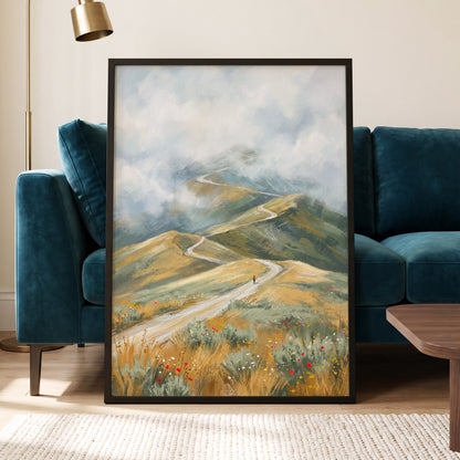 Cloudway Wanderer, blue, green, beige nature wall art displayed in a styled interior, gallery view 6