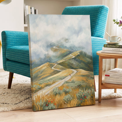 Cloudway Wanderer, blue, green, beige nature wall art displayed in a styled interior, gallery view 7