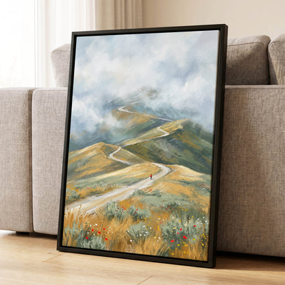 Cloudway Wanderer, blue, green, beige nature wall art displayed in a styled interior, gallery view 8