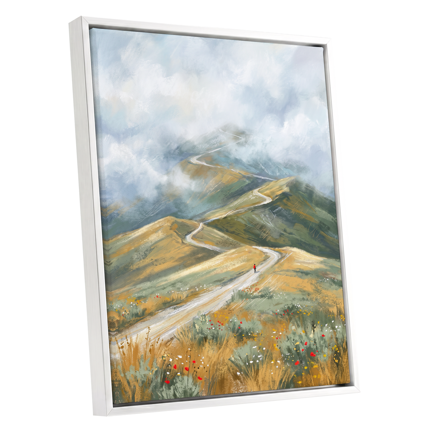Cloudway Wanderer, blue, green, beige nature wall art shown as a white framed canvas wall art