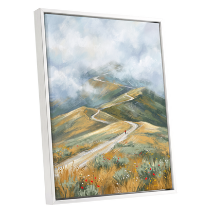 Cloudway Wanderer, blue, green, beige nature wall art shown as a white framed canvas wall art