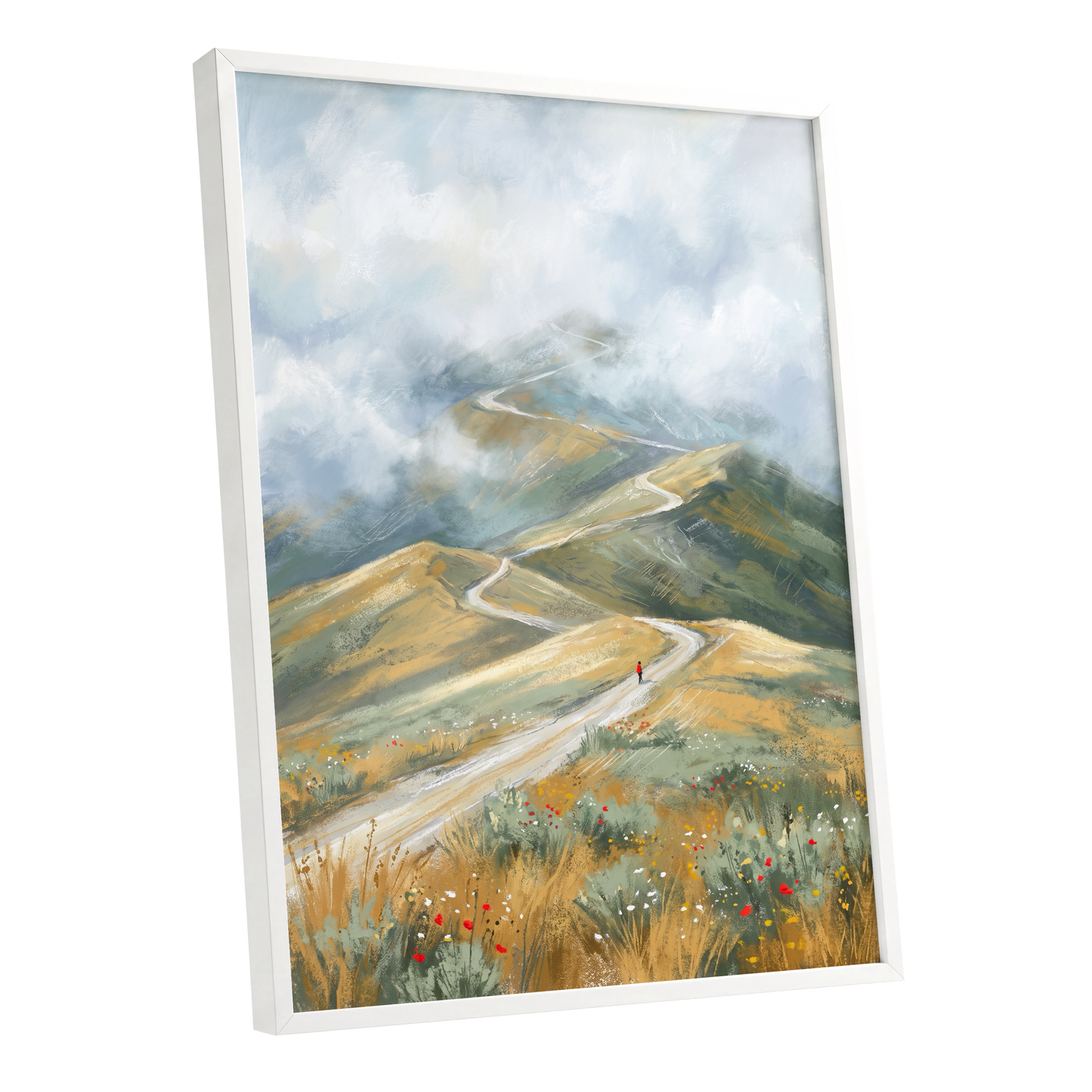 Cloudway Wanderer, blue, green, beige nature wall art shown as a white framed poster wall art print