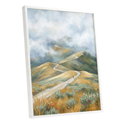 Cloudway Wanderer, blue, green, beige nature wall art shown as a white framed poster wall art print