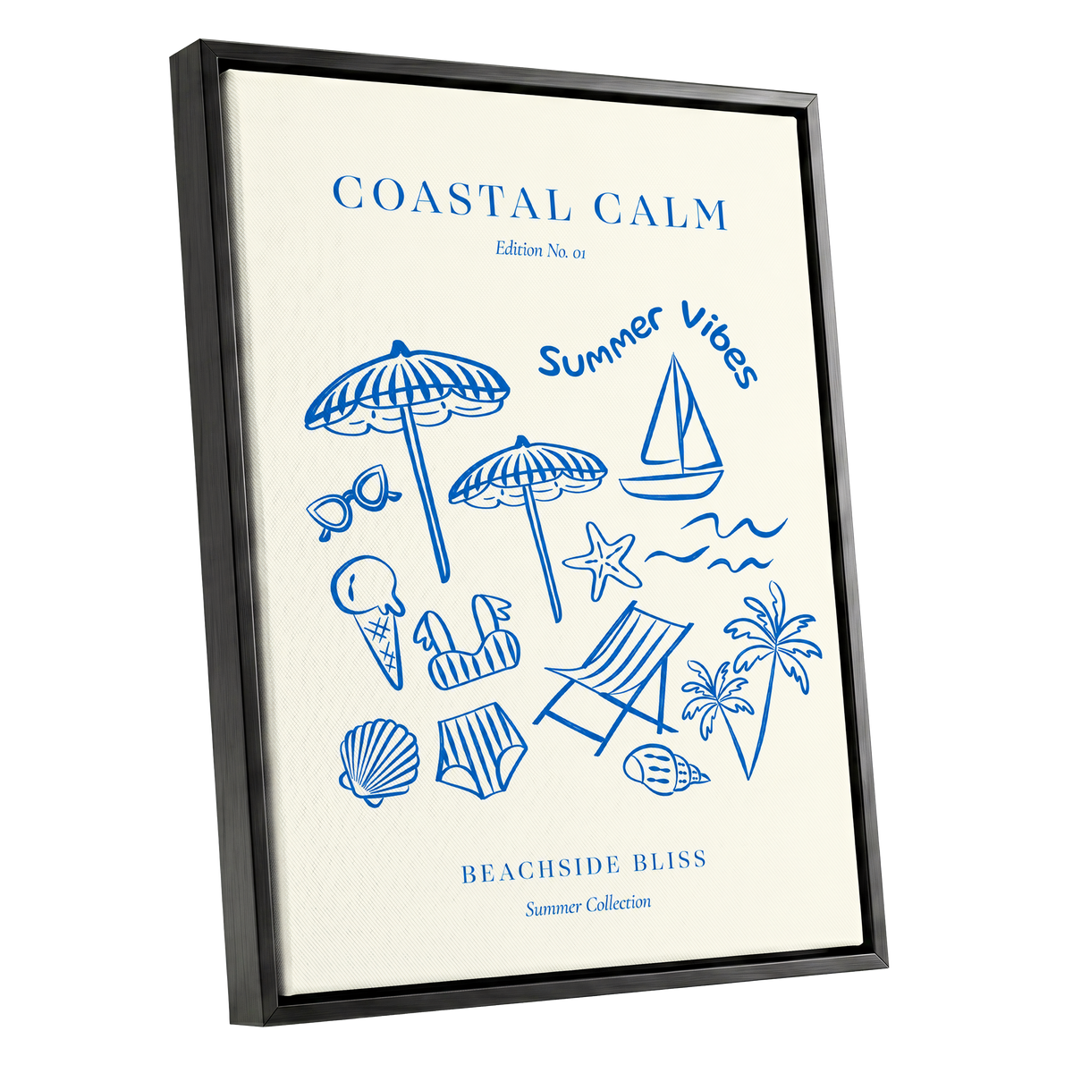 Coastal Daydream, blue, beige, white nature wall art shown as a black framed canvas wall art