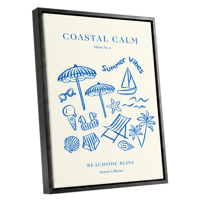 Coastal Daydream, blue, beige, white nature wall art shown as a black framed canvas wall art