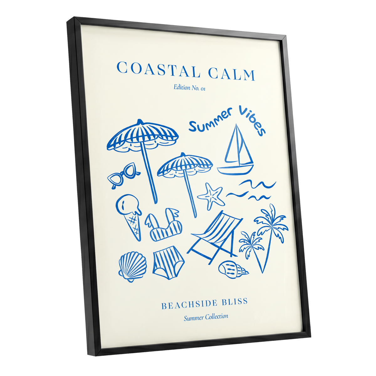 Coastal Daydream, blue, beige, white nature wall art shown as a black framed poster wall art print