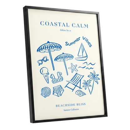 Coastal Daydream, blue, beige, white nature wall art shown as a black framed poster wall art print