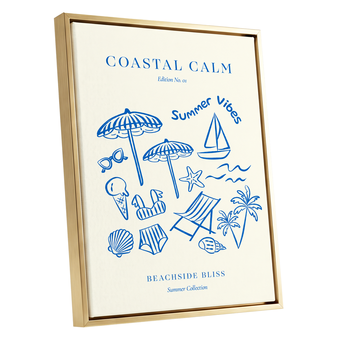 Coastal Daydream, blue, beige, white nature wall art shown as a gold framed canvas wall art
