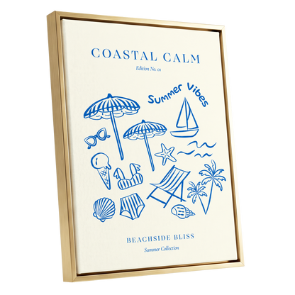 Coastal Daydream, blue, beige, white nature wall art shown as a gold framed canvas wall art