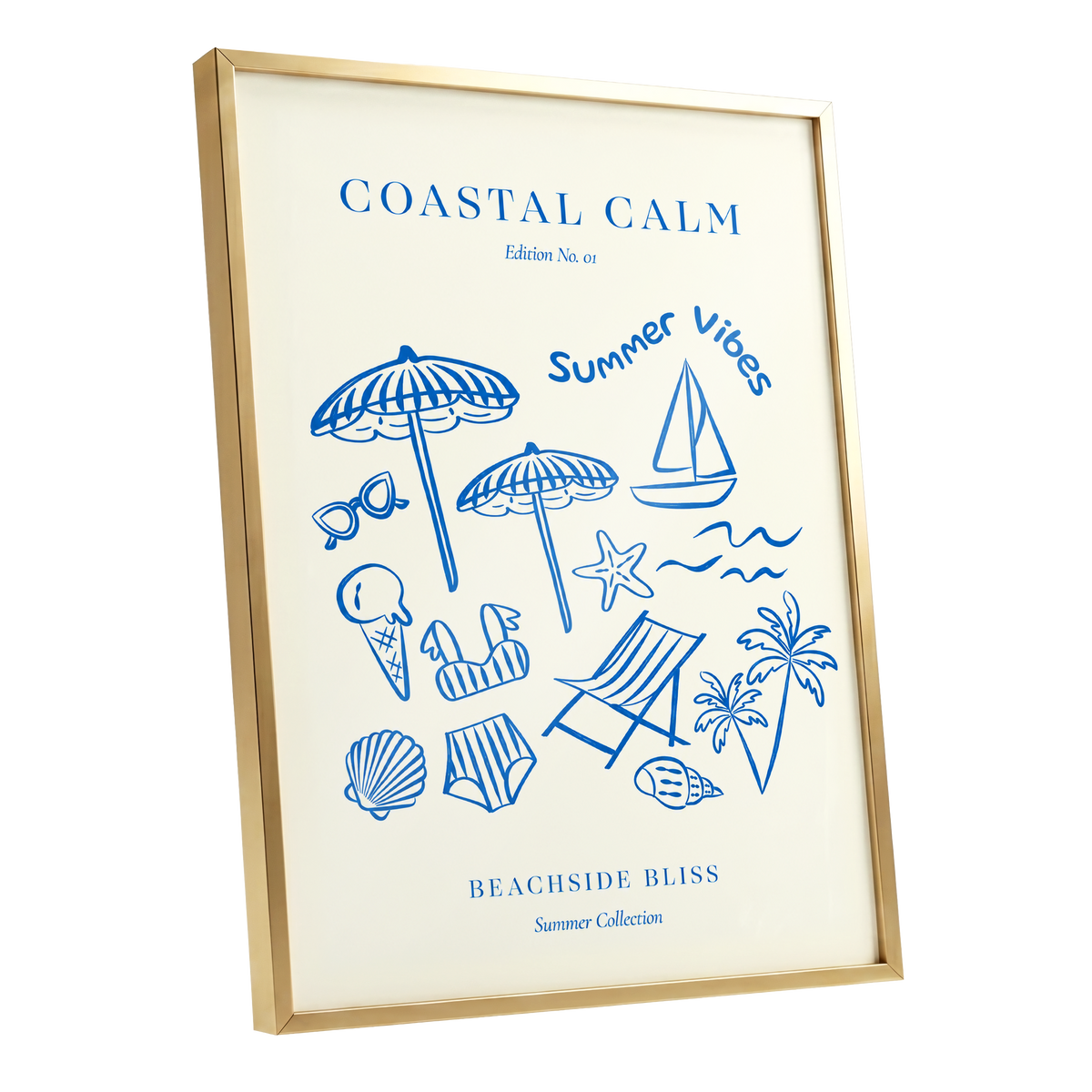 Coastal Daydream, blue, beige, white nature wall art shown as a gold framed poster wall art print