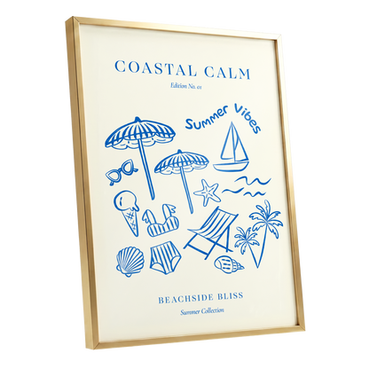Coastal Daydream, blue, beige, white nature wall art shown as a gold framed poster wall art print