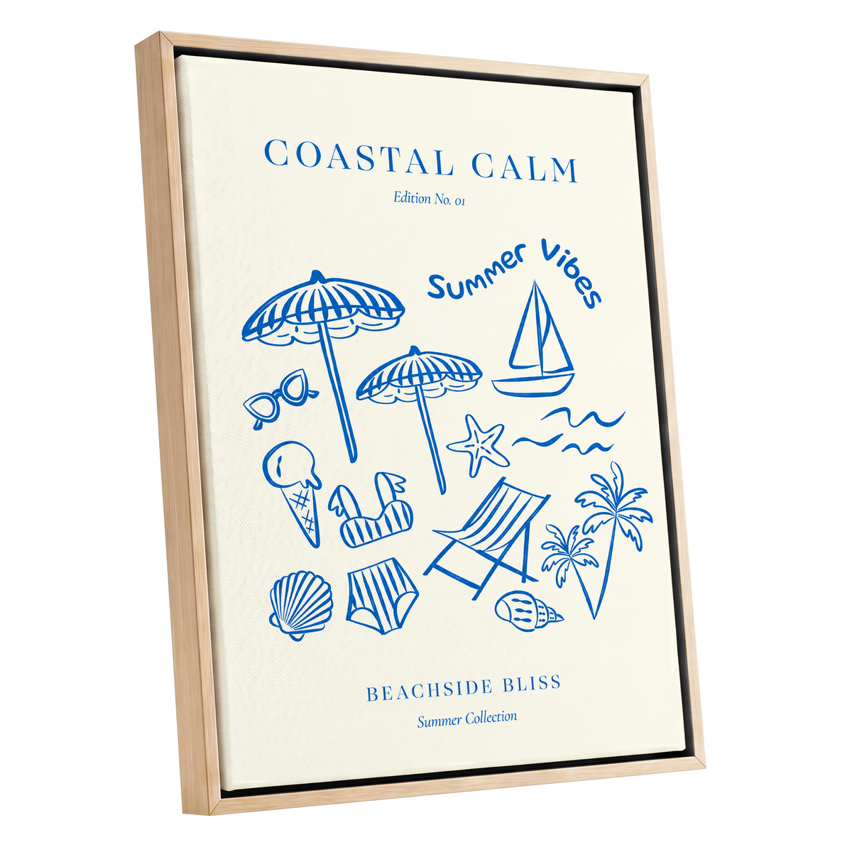 Coastal Daydream, blue, beige, white nature wall art shown as a oak framed canvas wall art