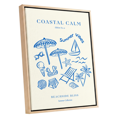 Coastal Daydream, blue, beige, white nature wall art shown as a oak framed canvas wall art