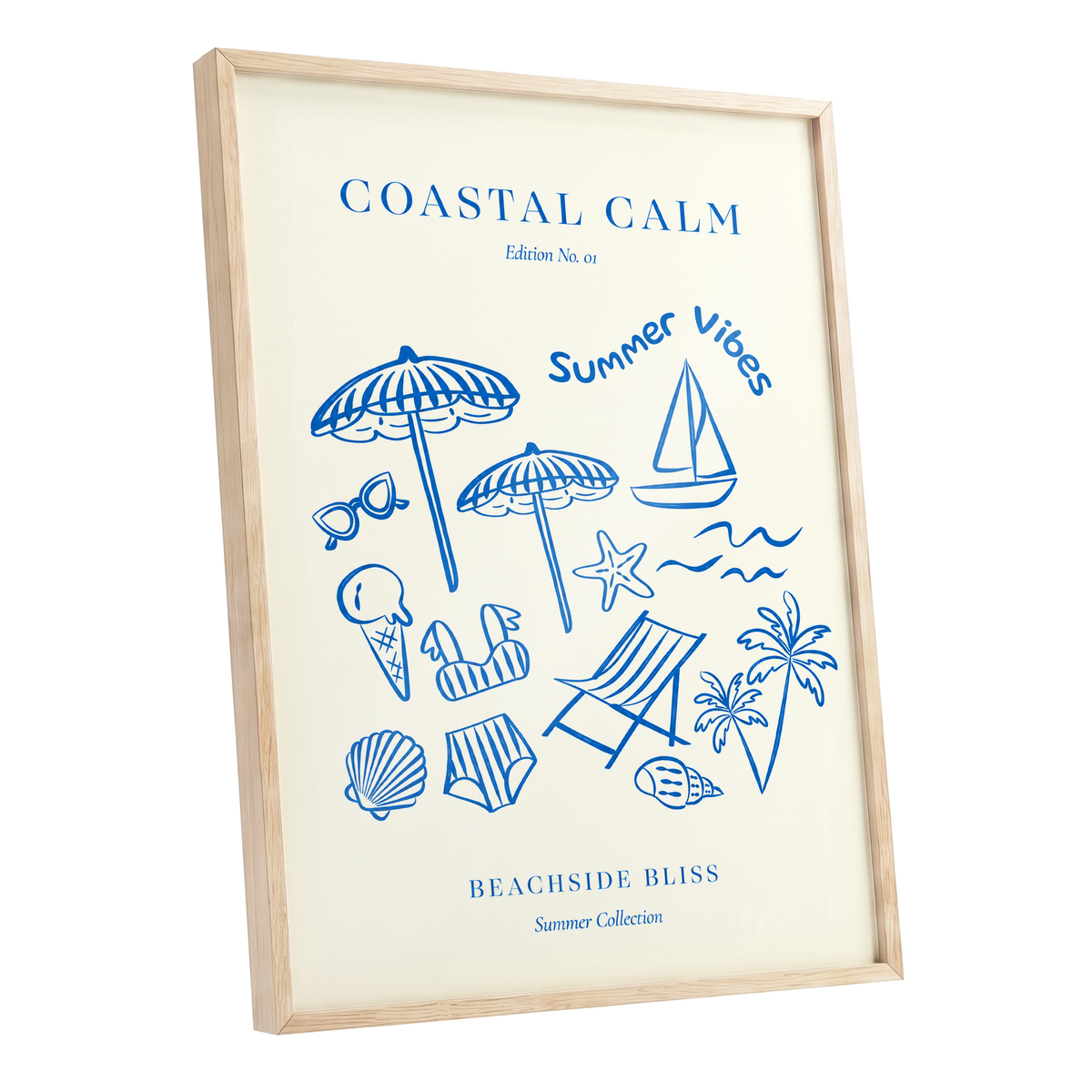 Coastal Daydream, blue, beige, white nature wall art shown as a oak framed poster wall art print